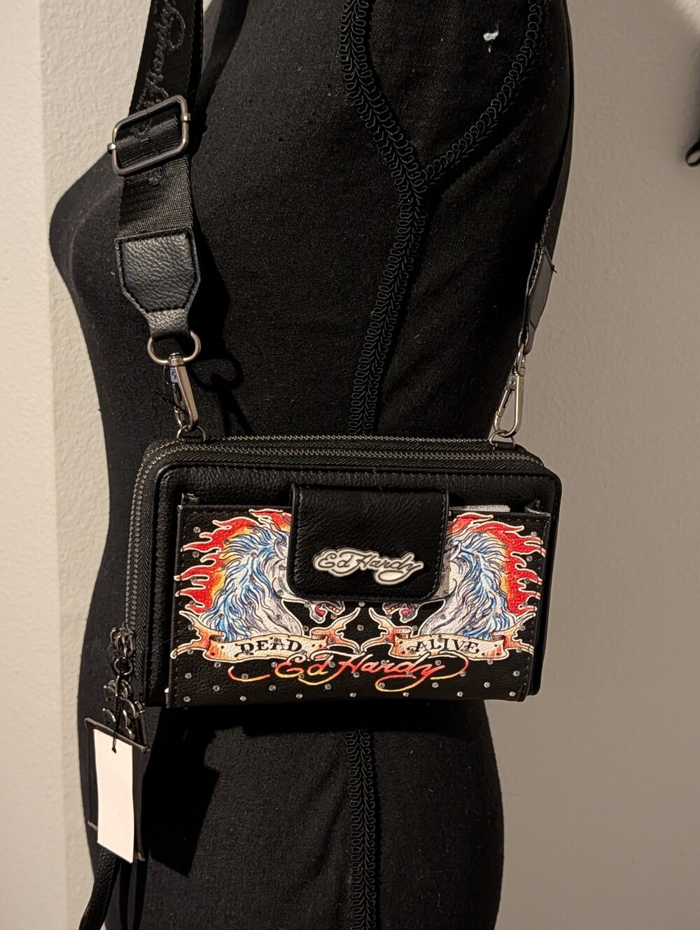 Ed Hardy Black Crossbody Wallet with Red & Blue Flame Graphic
